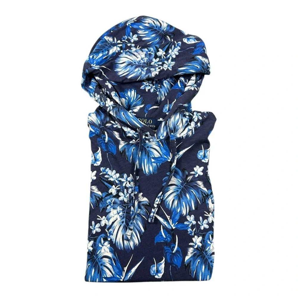 Polo Ralph Lauren Mens Blue Floral Cotton Lightweight Pullover Hoodie Size M
